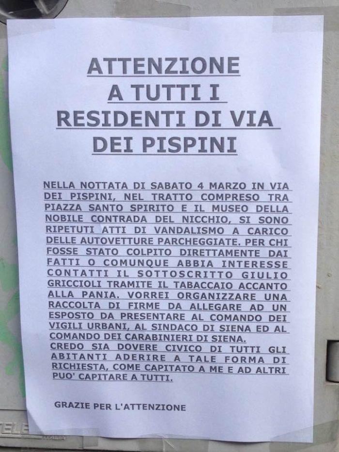 Atti di vandalismo in via dei Pispini: gli abitanti firmano un esposto