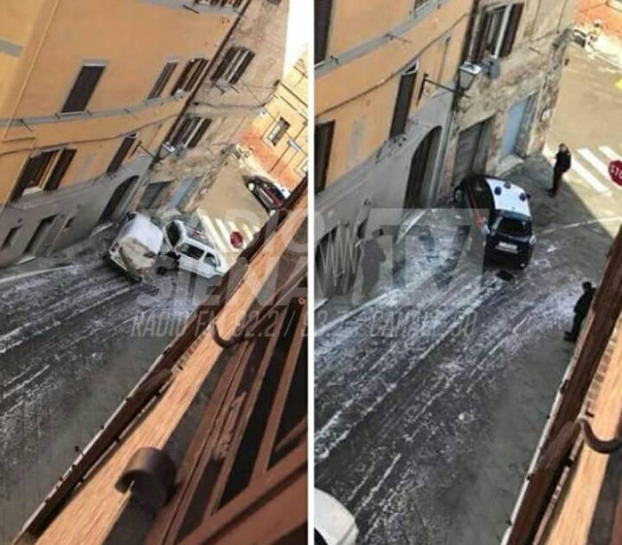 Via Val di Montone ghiacciata: doppio incidente, coinvolta anche un'auto dei carabinieri