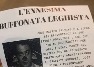 Salvini a Siena, volantinaggio di protesta di Cravos e Rete Antifascista: "Buffonata leghista"