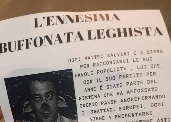 Salvini a Siena, volantinaggio di protesta di Cravos e Rete Antifascista: "Buffonata leghista"