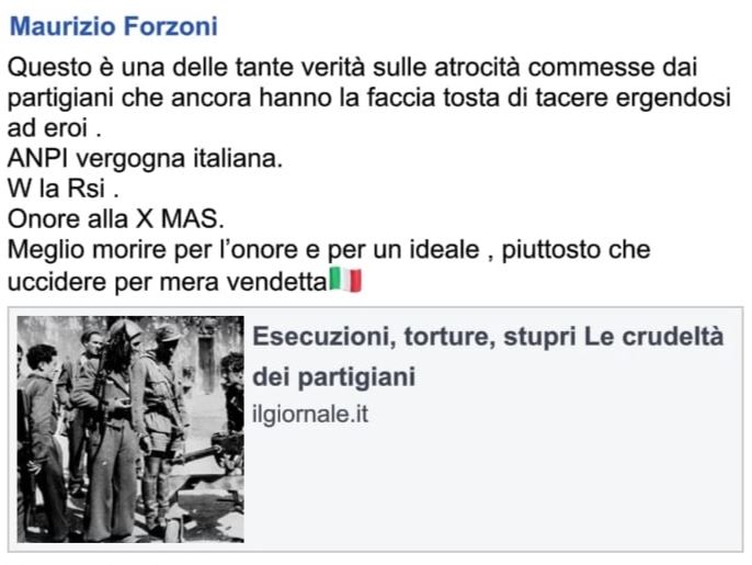 Anpi attacca Forzoni: "E' apologia di fascismo, faremo un esposto alla Procura della Repubblica"