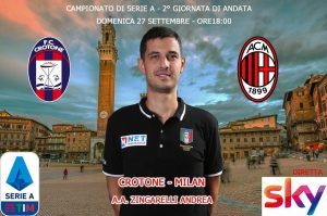 L'arbitro senese Andrea Zingarelli assistente nel match di Serie A Crotone-Milan