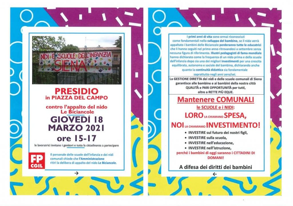 Appalto nido comunale: oggi il presidio in Piazza del Campo