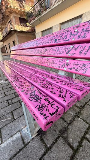 Monteroni, ecco "Pinkina", la panchina viola firmata da tutti i partecipanti della Pink Parade