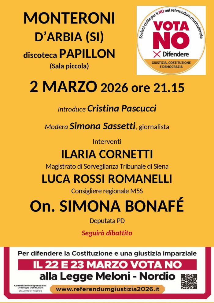 Monteroni d'Arbia, questa sera incontro pubblico per il Referendum Costituzionale del Comitato per il No