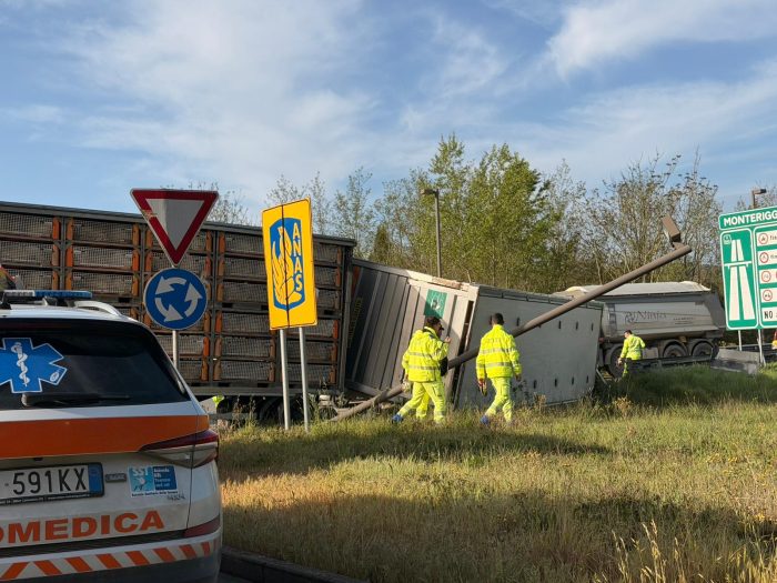 Monteriggioni, camion che trasporta polli si ribalta alla rotonda della Colonna