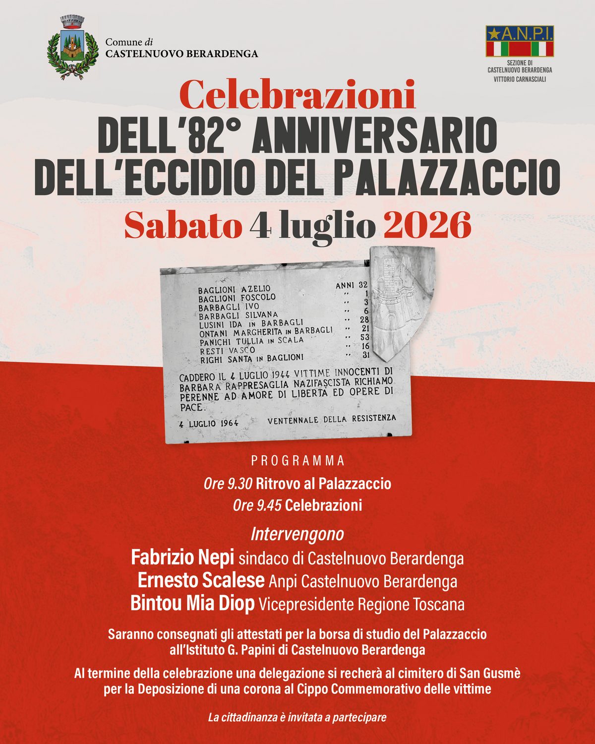 Castelnuovo Berardenga celebra l’82° anniversario dell’Eccidio del Palazzaccio