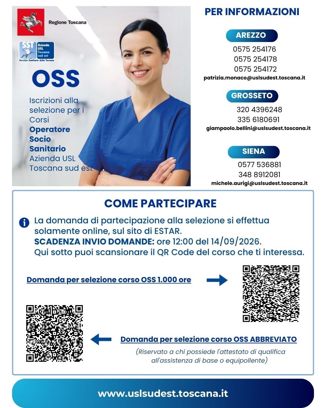 Aperti i bandi per i corsi OSS dell’Asl Toscana sud est