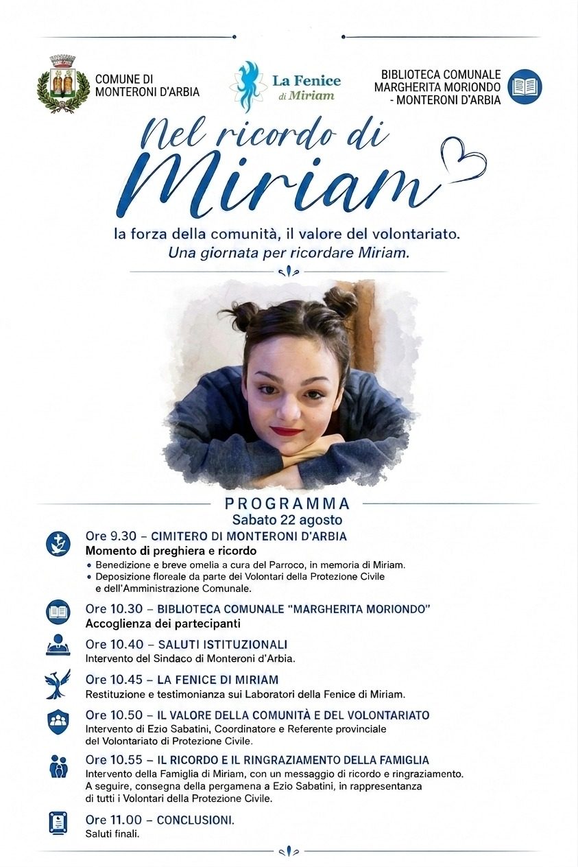 MONTERONI D’ARBIA: Sabato 22 agosto una giornata dedicata a Miriam e al volont…