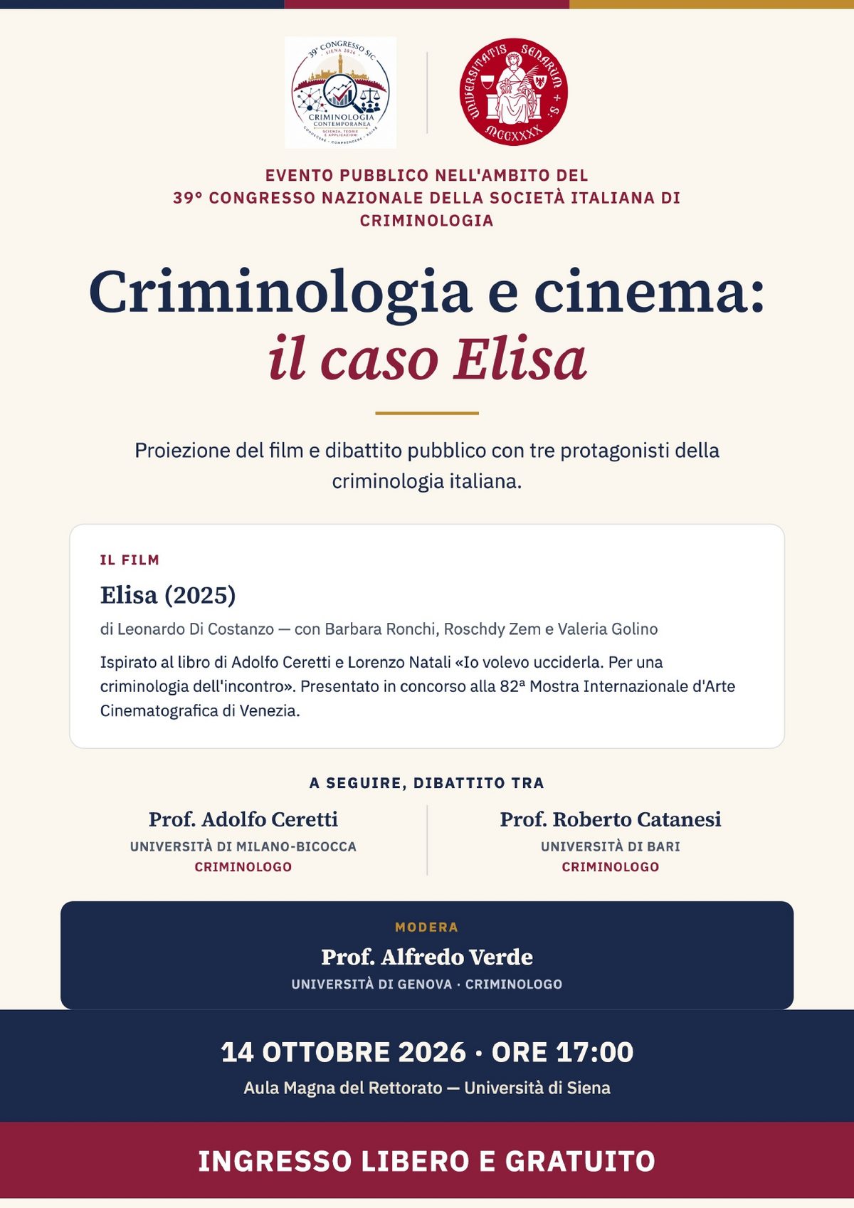 “Criminologia e cinema: il caso Elisa”. 14 ottobre a Unisi proiezione del film…
